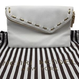 Henri Bendel White Pebbled Leather Fold-Over Clutch with Chain Detail & Dustbag